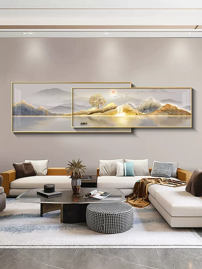 旭日东升客厅装饰画现代轻奢山水挂画叠加沙发背景墙高档大气壁画-tmall.com天猫-花瓣网