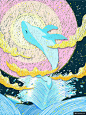 星空粉色月亮黄色云朵海浪冲击跳跃海豚童话梦境插画模板模板平面设计