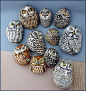 Owls. Painted rocks (stones), via Flickr.