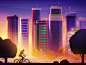 Modern city skyscraper building car train urban cycle sun light sunset city illustration artua