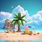 a summer vacation scene depicting a beach island with a tree and luggage chairs, in the style of luminous 3d objects, large format lens, desertwave, playful and colorful depictions, iso 200, soft and dreamy depictions, softbox lighting ,rendered in cinema