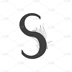 向量花字母。s字母设计婚礼请柬、卡片、花商名片的装饰。线条艺术风格的精致的树枝和树叶