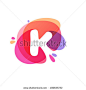 Letter K logo at colorful watercolor splash background. Vector elements for posters, t-shirts and cards. 