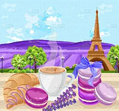 牛角面包,蛋白杏仁饼,咖啡杯,熏衣草,华丽的,传统,热,咖啡,蛋糕