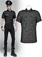 Kamikaze shirt WY-1006/BK Punk Rave | Fantasmagoria.shop - retail & wholesale Gothic clothes and accessories : Gothic Military style men's black slightly stonewash fabric short sleeve shirt with black synthetic vegan leather details