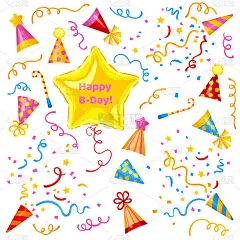 生日庆祝活动。可爱的气球、生日帽、蛇形爆竹和五彩纸屑爆竹。生日快乐的问候。矢量插图卡通风格。所有元素