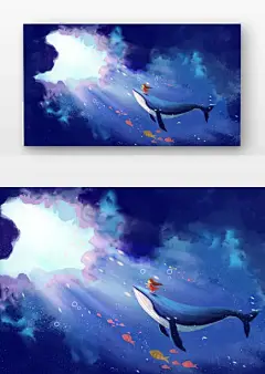 唯美大海与鲸海底世界插画图片下载