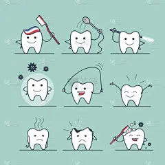 直线扁平可爱的牙齿牙线，刷牙，清洗，漂洗，保护龋齿矢量插图集。牙科保健理念。