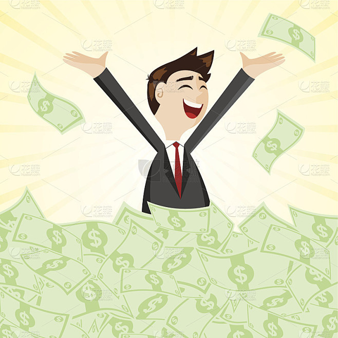 卡通商人在成堆的钱现金