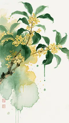 绿，黄，金，桂花桂花树，海报设计，水墨，水，溶解，扩散，融合，渗透，透明，生宣，晕染，自然过渡，浓，重，淡，清，点染，大量留白，色彩调和