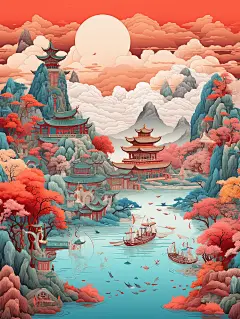 中国艺术，杭州西湖，使用迷幻的配色方案，超详细的插图，淡红色