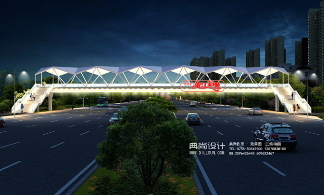 2a西侧天桥夜景透视 人行天桥过街效果图