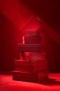 red boxes stacked one on top of the other with a light shining through, in the style of classical still life, volumetric lighting, contest winner, bold yet graceful, fragmented advertising, monochromatic sculptor, vivid color blocks