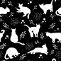 无缝模式白猫剪影在黑色背景。可爱的小猫。猫在不同的姿势。动物坐、躺、放松。幼稚的单色印刷，包装纸。