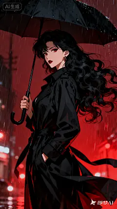 jimeng-2025-09-28-7066-黑暗风格插画，古早动漫风格，暗红色背景，华丽的画风，黑色长波浪卷发美艳女性，风吹