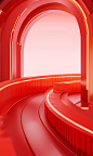 3d image of a red curved road leading into a room, in the style of rendered in cinema4d, commercial imagery, valentine hugo, orange and gold, advertisement inspired, playful use of line, traincore