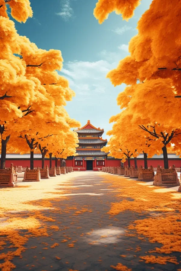 秋季中国北京故宫屋檐落叶景色摄影图