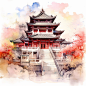 国风建筑园林楼阁中国风水墨山水风景插画