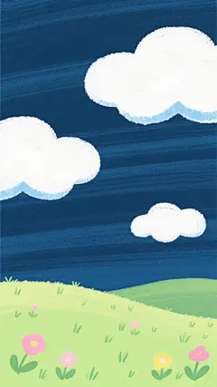 可爱风格背景插画，手绘质感，浅蓝色天空带有水平方向的纹理笔触，点缀着几朵蓬松的白色云朵，云朵边缘有淡淡的蓝色阴影，底部是起伏的绿色草地，草地上生长着零星的绿色小草和粉色、黄色的简化花朵，整体画面色彩明快柔和，充满童趣和宁静氛围，构图简洁开阔，线条圆润，适合作为可爱主题的背景使用。