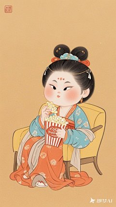全景,水墨插画,极简主义，漂亮的唐代女士插画,女士在电影院吃爆米花看电影，现代人物与古风工笔画结合，画风细腻成熟，独特的风格，识别度高，人物讨喜又不失韵味，可爱的Q版唐代风俗画图，背景简洁，纯色背景。 (4)