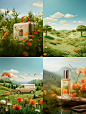 Commercial Photography, KV Poster, E-commerce, Beige as main color, Green as secondary color, Scene building, Embellished orange, Grass landscape, Clear layout, Rich scene --ar 3:4 --s 250