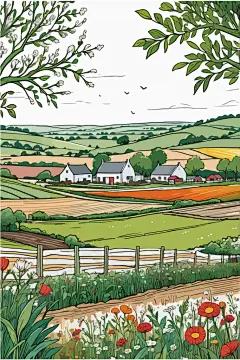 唯美农村房屋田地插画