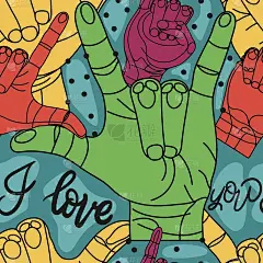 来自美国手语的明亮颜色图案，上面写着“我爱你”。