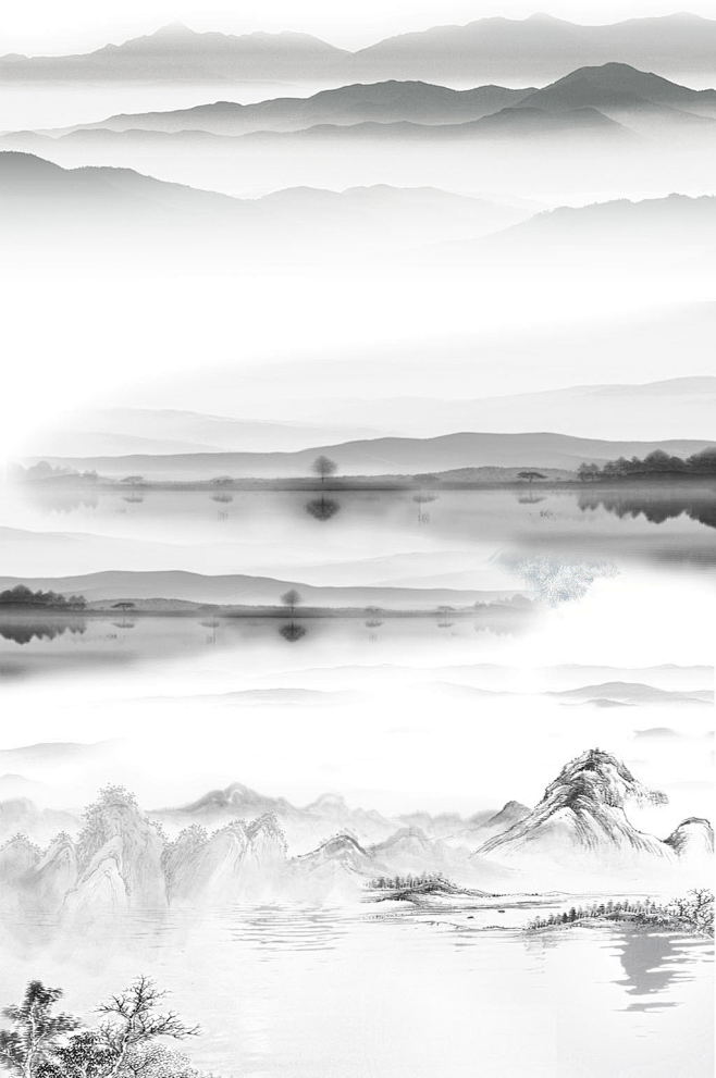 中国风水墨山水画海报素材PNG元素-众图...