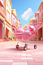 Shopping cart with soccer ball and house on colorful red street, in the style of light pink and light gold, perspective rendering, salon kei, passage, unreal engine 5, cute and colorful, light-filled scenes