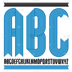 向量时髦的大写字母，abc集合。复古粗体压缩字体，脚本从a到z最好用于海报创作。使用条纹华丽的平行线