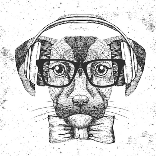 海报插图音乐手绘素描风格头戴耳机的动物头...