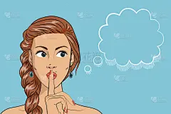 漂亮女孩把手指放在嘴唇上，要求安静。向女孩推销或打折的广告海报。矢量图