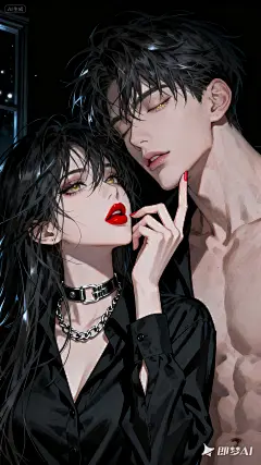 jimeng-2025-09-13-4250-暗黑风格插画，主体为凌乱长发性感红唇美女，性感美女，时尚感，高级感，慵懒魅惑，修