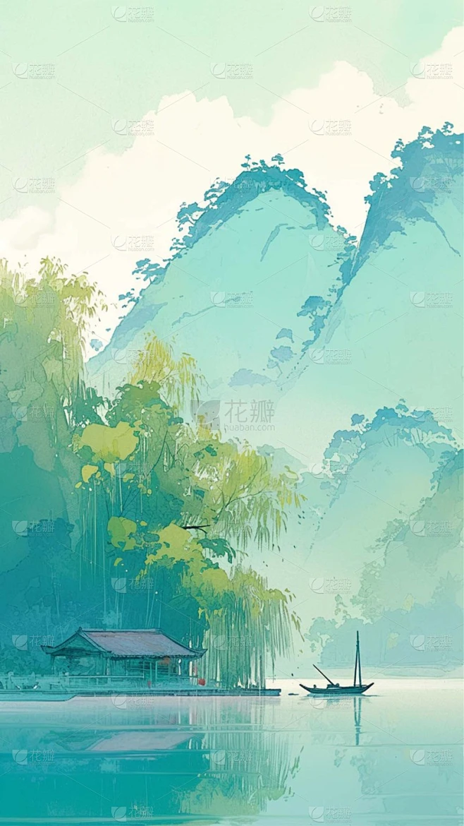 清明节通用水墨风山水柳叶插画背景场景图片素材素材-花瓣网