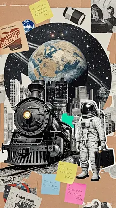 画面中央是一列蒸汽火车，城市，背景一颗巨大的地球，星空，星球，黑白拼贴风格的的宇航员拿着行李箱，报纸，胶带，贴纸，便利贴，手写字，彩色和黑白，彩色卡纸，复古超现实主义风格与复古拼贴相结合，不同纹理不同材质拼贴，复古色调，科幻杂志剪切，平面和立体
