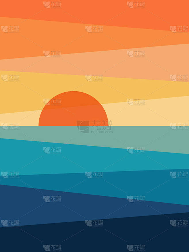 带斜线和日光浴装饰的海（黄、橙、蓝、绿松...