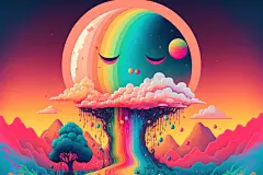 满月, 迷幻的, 丰富多彩的, 彩虹, 3D, 幻想, 滴漆, 景观, 雨