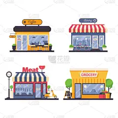 详细的店面为杂货店和肉类商店, 面包店, 咖啡馆。本地商业和销售的矢量门面插图.