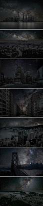 你是否向往繁星密布的天空？Thierry Cohen近期完成了名为《黑夜城市》的摄影项目，虚拟城市所有的灯光均被熄灭后的场景，唤醒被现代都市遗忘的自然景色