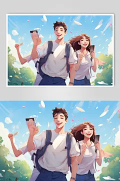 数字艺术学生放假开心过暑假扁平风插画