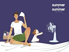 电风扇夏日盛夏夜晚忍受汗夏季插画