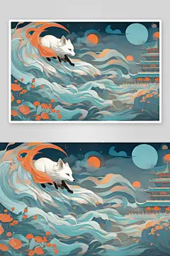 中国白极地狐狸壁画独特妖怪插画风格-众图网