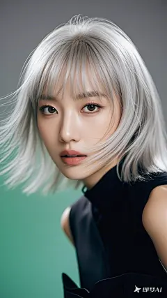 银发女子人物运动模糊摄影，面部特写，高级强烈的运动模糊和动感模糊，艺术的虚化效果，高级感，模糊到只看得出人物轮廓，看不清楚五官。朦胧感，超现实主义，绿灰渐变背景，(3)