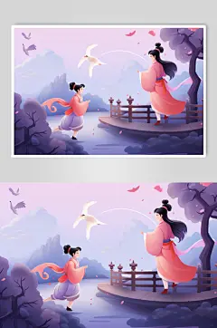 AI数字艺术国风汉服情侣七夕牛郎织女插画
