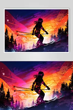 AI数字艺术水彩剪影风冬季运动会滑雪元素