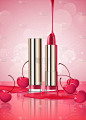 樱桃唇膏广告与光泽液体滴水从顶部在3d 插图在散焦粉红色背景