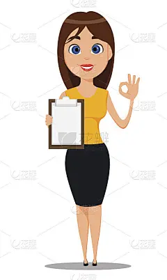 商业女性卡通人物。年轻有吸引力的女商人在聪明的休闲衣服站在剪贴板和显示OK手势-股票向量