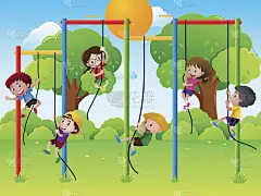 许多孩子在操场上爬绳子