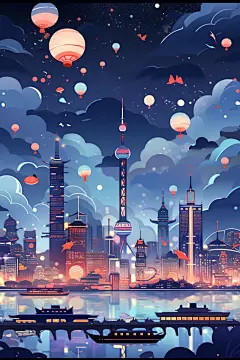 黑夜星空建筑漫画扁平风插画