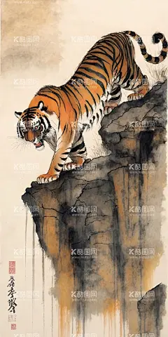 虎踞山崖  - 源文件下载【酷图网】水墨画,国画,中国画,老虎,山崖,山涧,高清,壁纸,